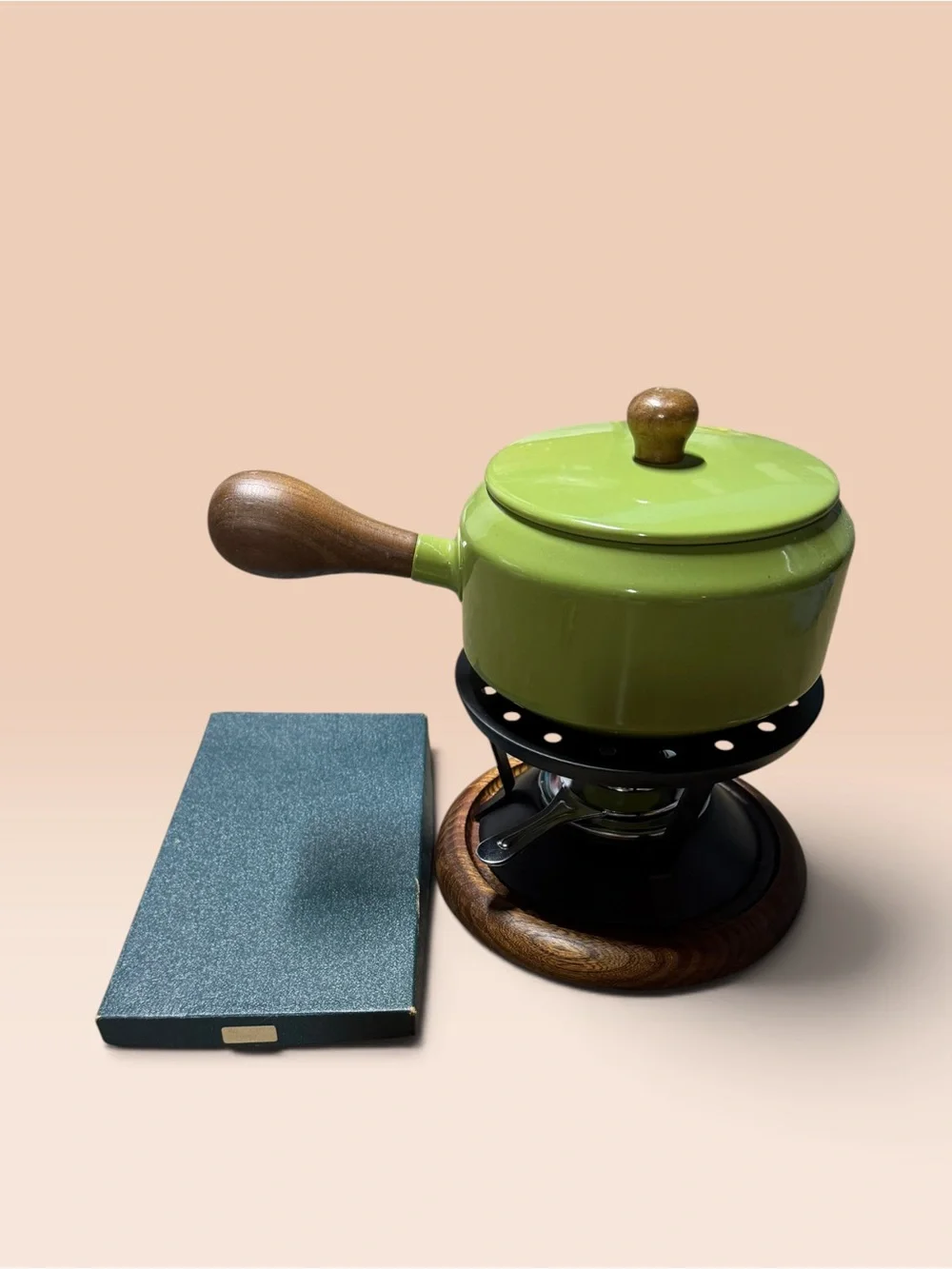 Green Metal & Wood Fondue Set NEW 1970s made in Japan